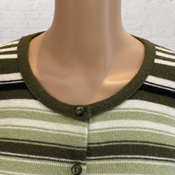 VINTAGE SUGAR -- Sweater, Lightweight, Green and White Striped, 3/4 Sleeves - Picture 6 of 16